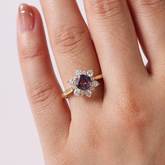 Amethyst Sunburst Halo Round Ring