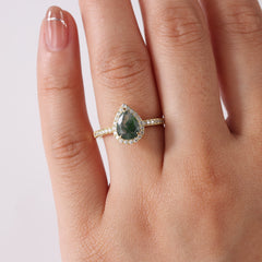 Moss Agate Cambria Pave Pear Ring