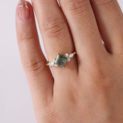 Moss Agate Melody Side Stones Princess Ring