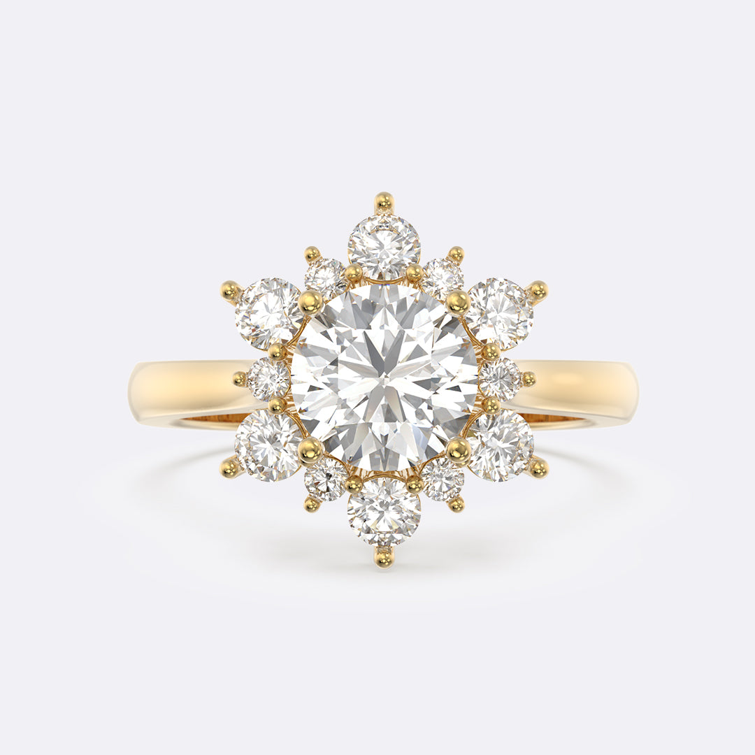 Moissanite Sunburst Halo Round Ring