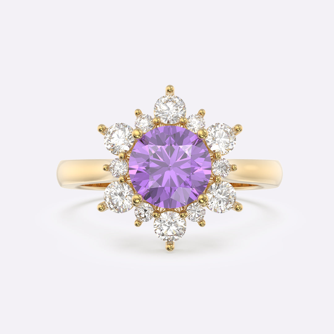 Amethyst Sunburst Halo Round Ring