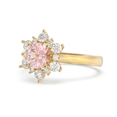 Lab Pink Sapphire Sunburst Halo Round Ring