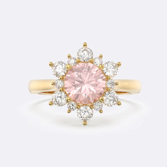 Lab Pink Sapphire Sunburst Halo Round Ring