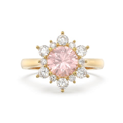 Lab Pink Sapphire Sunburst Halo Round Ring