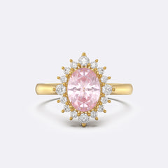 Lab Pink Sapphire Sunburst Halo Oval Ring