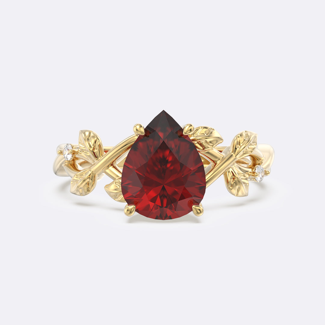 Garnet Olive Leaf Side Stones Pear Ring