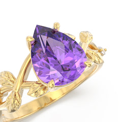 Amethyst Olive Leaf Side Stones Pear Ring