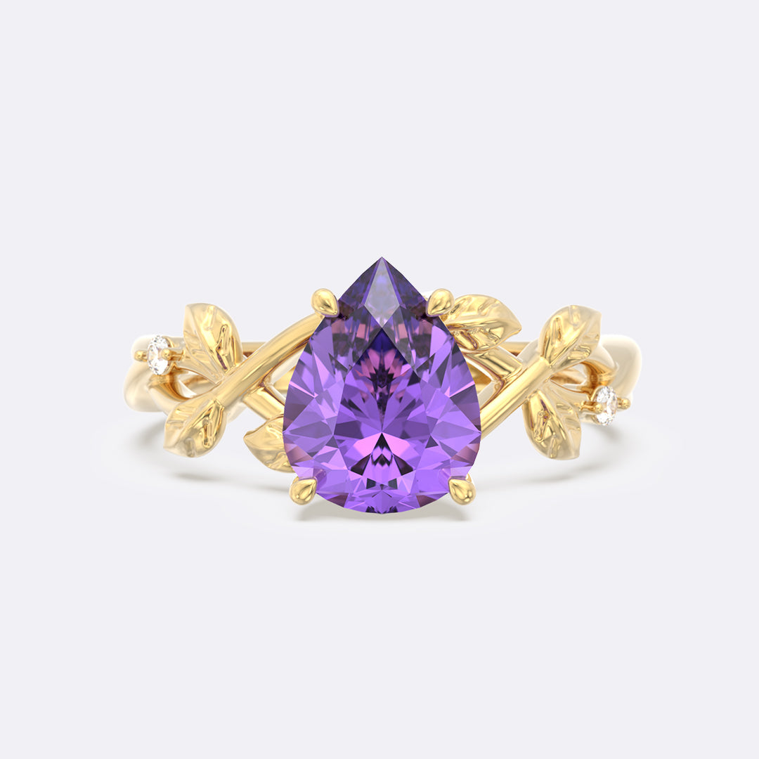 Amethyst Olive Leaf Side Stones Pear Ring