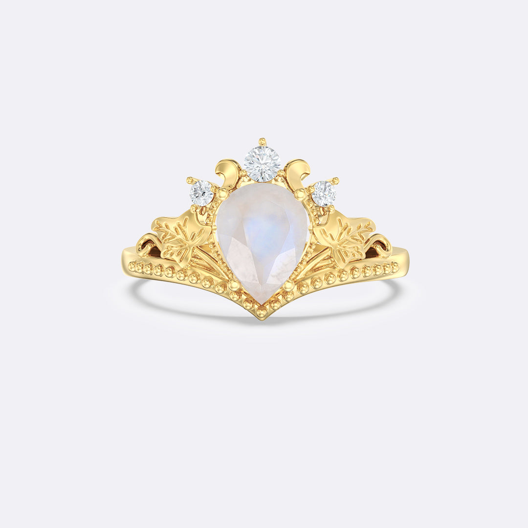 Opal Palm Leaf Side Stones Pear Ring