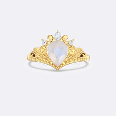 Opal Palm Leaf Side Stones Pear Ring