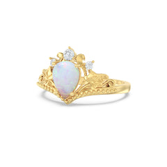 Opal Palm Leaf Side Stones Pear Ring