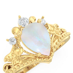 Opal Palm Leaf Side Stones Pear Ring