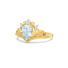 Aquamarine Palm Leaf Side Stones Pear Ring