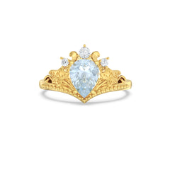 Aquamarine Palm Leaf Side Stones Pear Ring