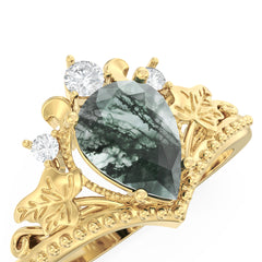 Moss Agate Palm Leaf Side Stones Pear Ring