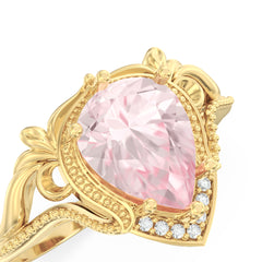 Lab Pink Sapphire Wings Side Stones Pear Ring