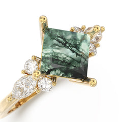 Moss Agate Melody Side Stones Princess Ring