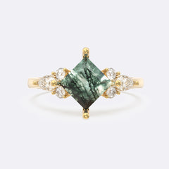 Moss Agate Melody Side Stones Princess Ring