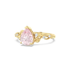 Lab Pink Sapphire Leaf Side Stones Pear Ring