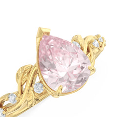 Lab Pink Sapphire Leaf Side Stones Pear Ring