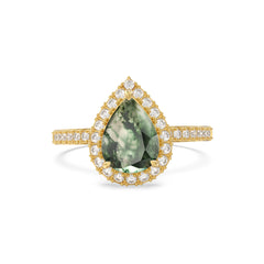 Moss Agate Cambria Pave Pear Ring