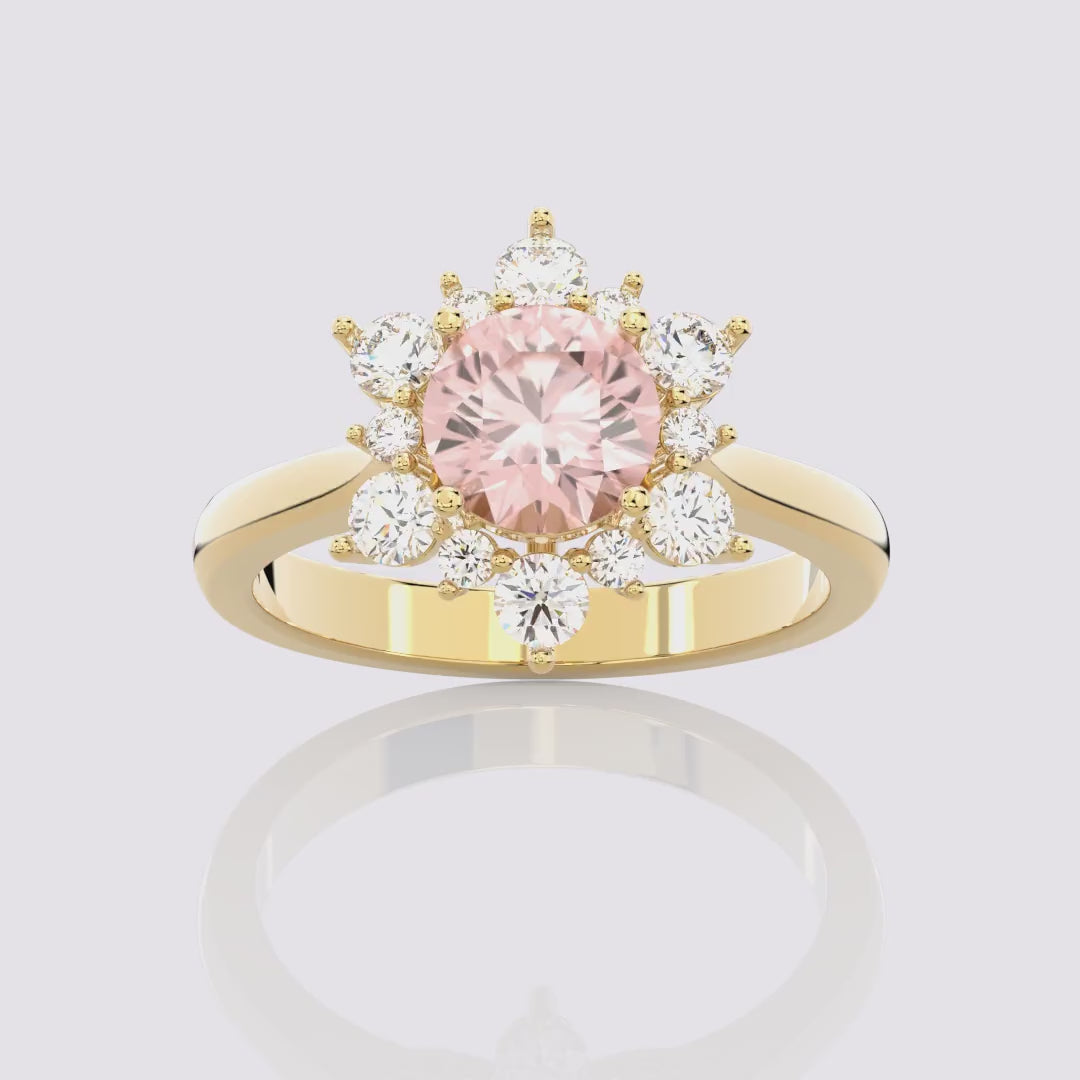 Lab Pink Sapphire Sunburst Halo Round Ring