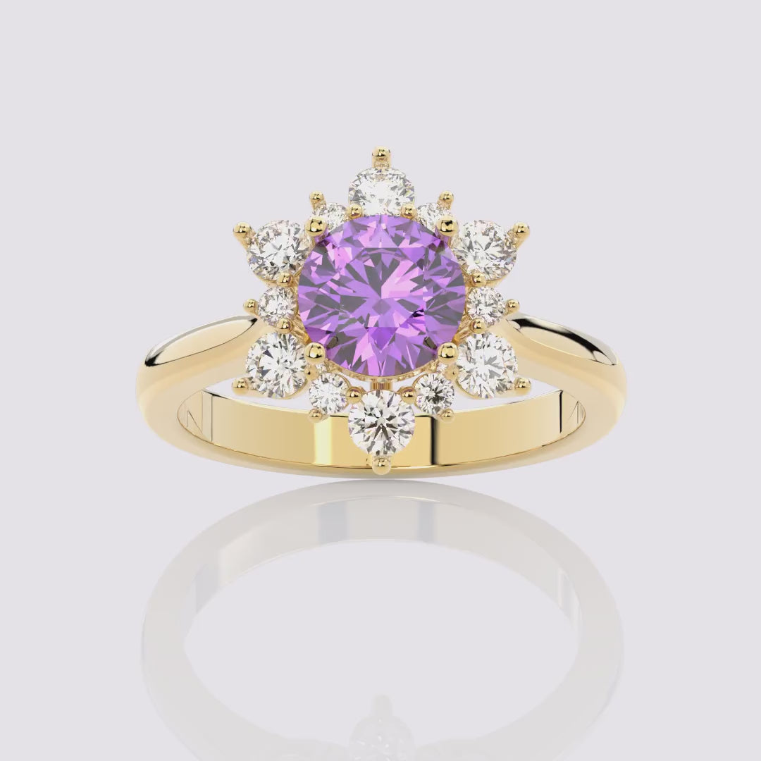 Amethyst Sunburst Halo Round Ring