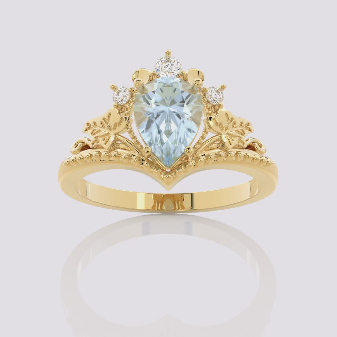 Aquamarine Palm Leaf Side Stones Pear Ring