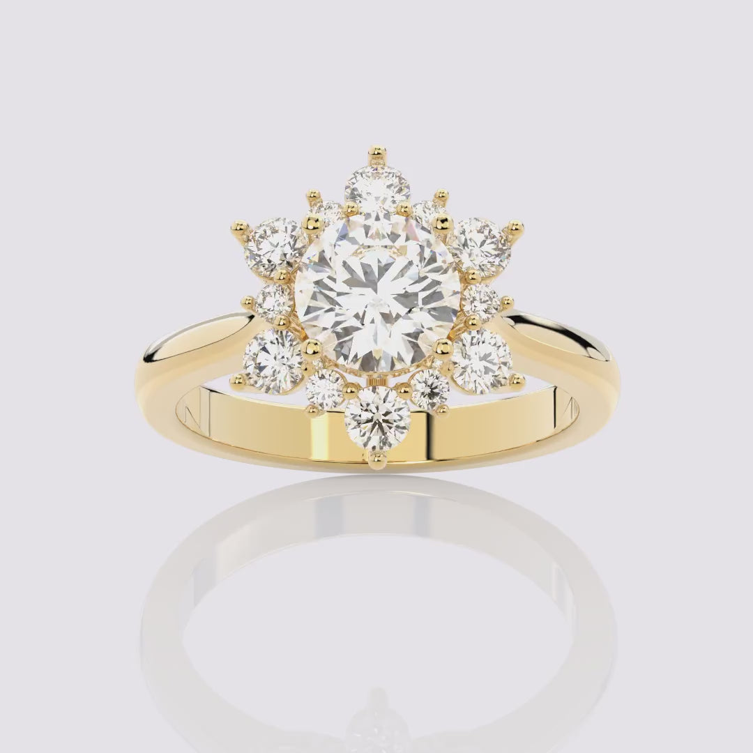 Moissanite Sunburst Halo Round Ring